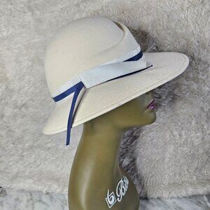 Vintage M'sieu Leon Wool Felt Wide Brim Hat with Blue White Ribbon on Crown